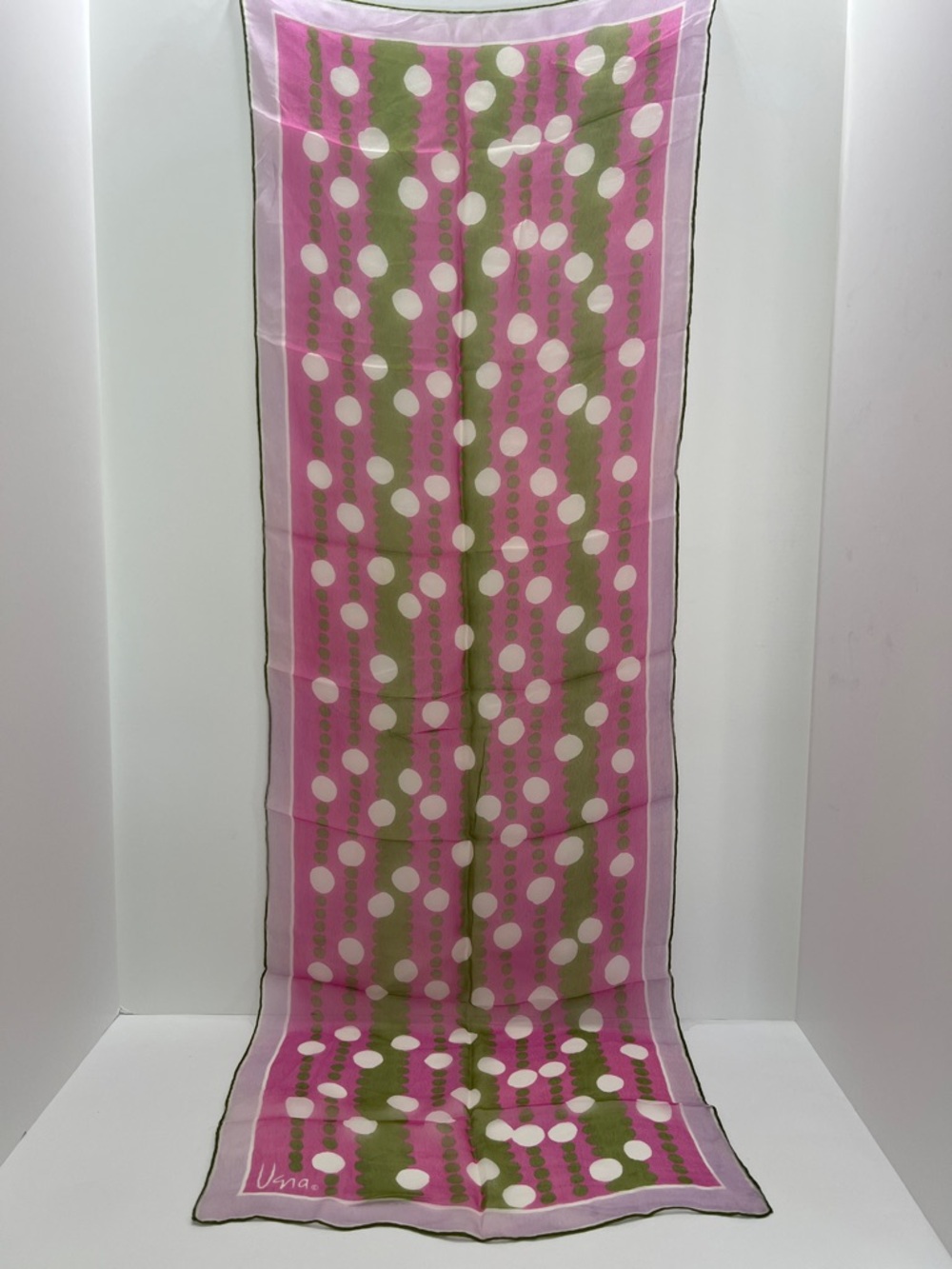 Vintage Vera Neumann  Pink, Olive & white Polka Dot ObLong Scarf Sheer 44” x 15”